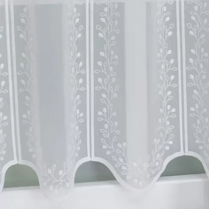 Fehér, hímzett virágbimbós sablet vitrázs függöny egyedi méretre varrva