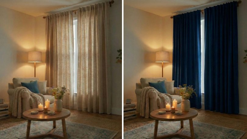 Blackout és Dimout sötétítő függönyök összehasonlítása nappaliban és hálószobában.