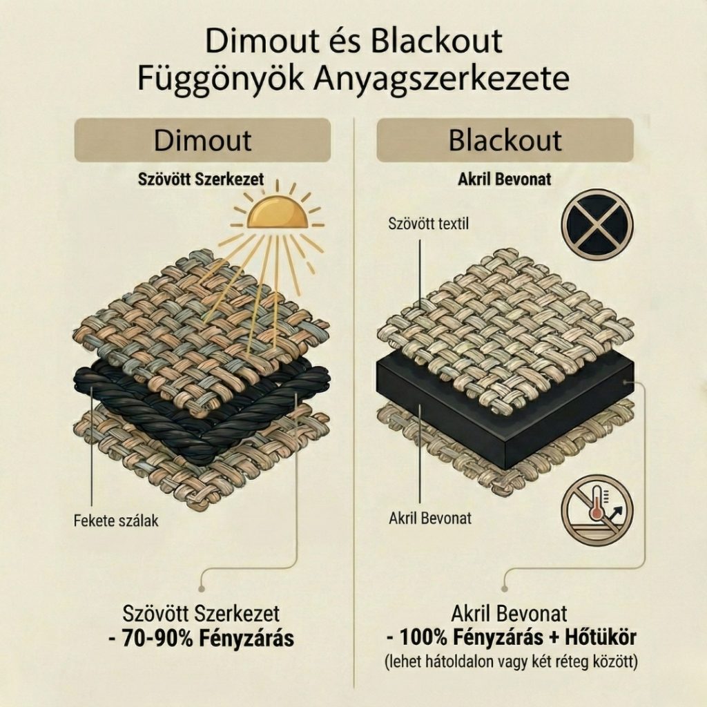 Dimout és Blackout függöny anyag szerkezeti különbsége és rétegrendje.