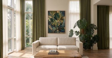 Világos nappali zsályazöld sötétítővel és lenhatású tavaszi függönnyel