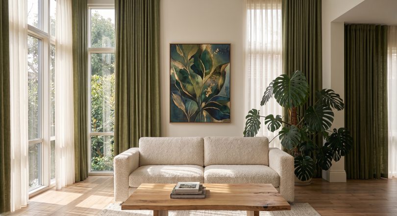 Világos nappali zsályazöld sötétítővel és lenhatású tavaszi függönnyel