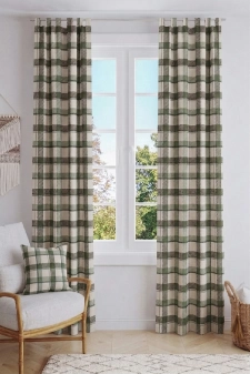 Wilton grid - Bézs alapon kék-zöld kockamintás rusztikus vászon dekor függöny és abrosz anyag egyedi méretre varrva