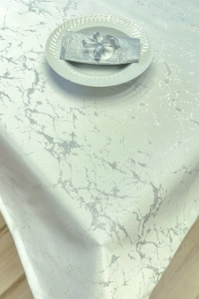 Lesli - Fehér-ezüst színű, márvány mintás jacquard dekor és abrosz anyag egyedi méretre varrva