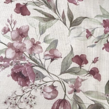 Wilton - Bézs alapon lila virágmintás rusztikus vászon dekor függöny és abrosz anyag egyedi méretre varrva