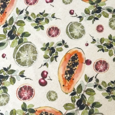 Papaya - Homokszínű alapon színes mediterrán gyümölcsmintás vászon dekor és abrosz anyag  egyedi méretre varrva