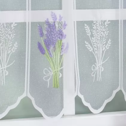 Fehér, lila levendula mintás nyomtatott jacquard vitrázs függöny egyedi méretre varrva