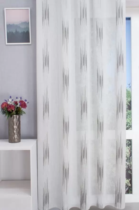 Felipe – Háziszőttes-szerű, szürke mintás nyírt sablet függöny, ólomzsinóros Felipe/300/06
