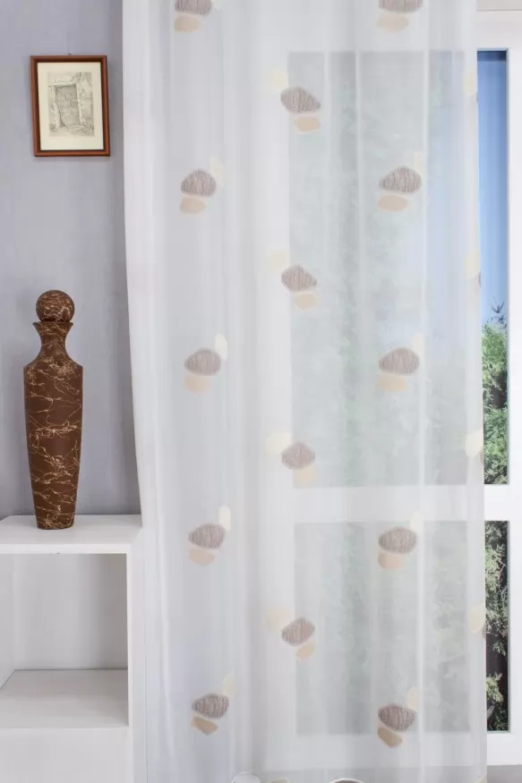 Fehér, bézs barna, aranysárga  színű,kavics mintás tetra sablet függöny , ólomzsinóros 1030266837