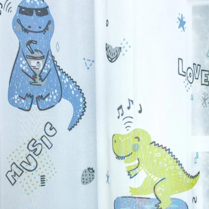 Dino - Fehér alapon kék-zöld színű, nyomott mintás voile függöny egyedi méretre varrva