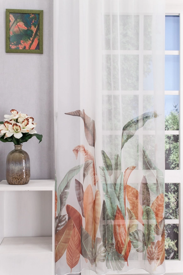 Blanche - Zöld, rozsdabarna leveles, dzsungel mintás voile függöny, ólomzsinóros BLANCHE/295/02