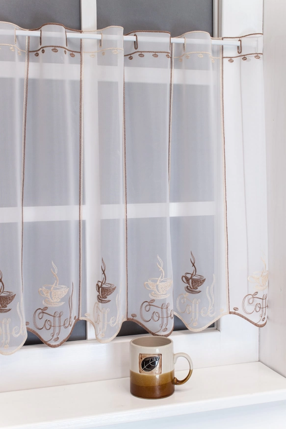 Calabria-Fehér alapon,hímzett,barna kávémintás voile vitrázs Calabria/14/60