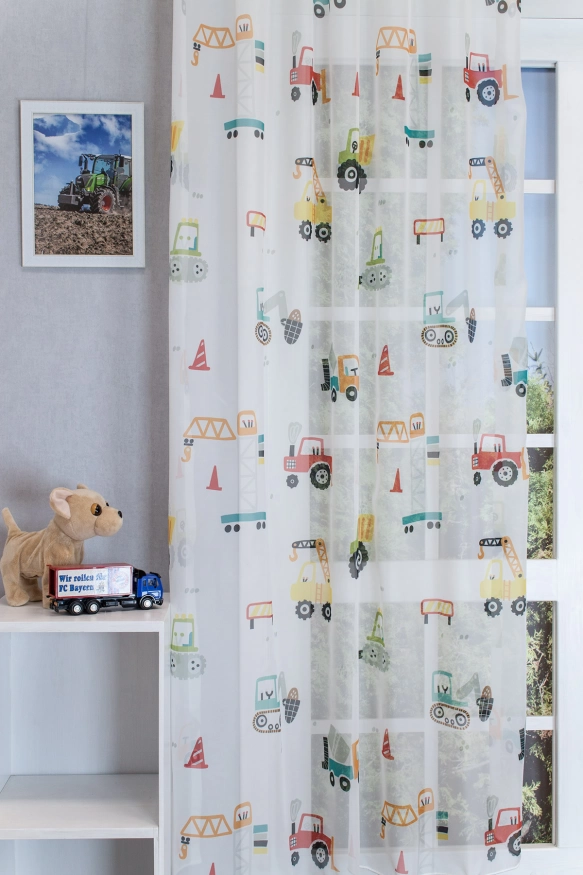Munkagép mintás gyerekszobai voile függöny, ólomzsinóros 1010010748