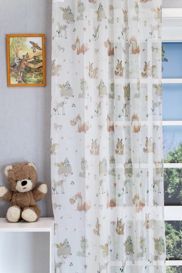 Woody – Őzikés, nyuszis, rókás gyerekszobai fényáteresztő függöny, voile , ólomzsinóros Woody/180/01