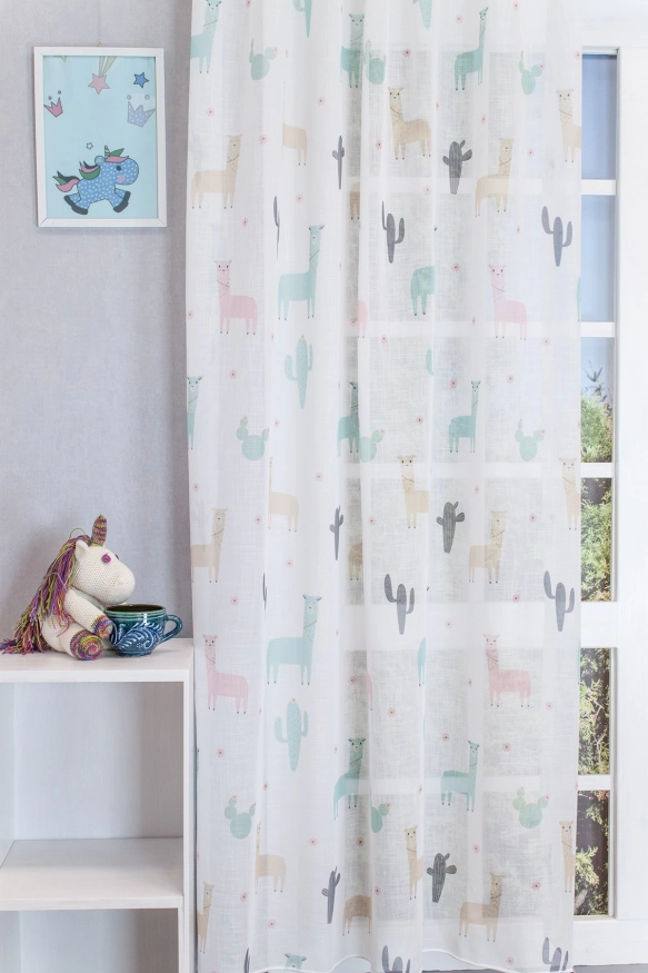 Láma mintás bézs-zöld fényáteresztő tetrasablet gyerekszobai függöny, ólomzsinóros Lama/300/1