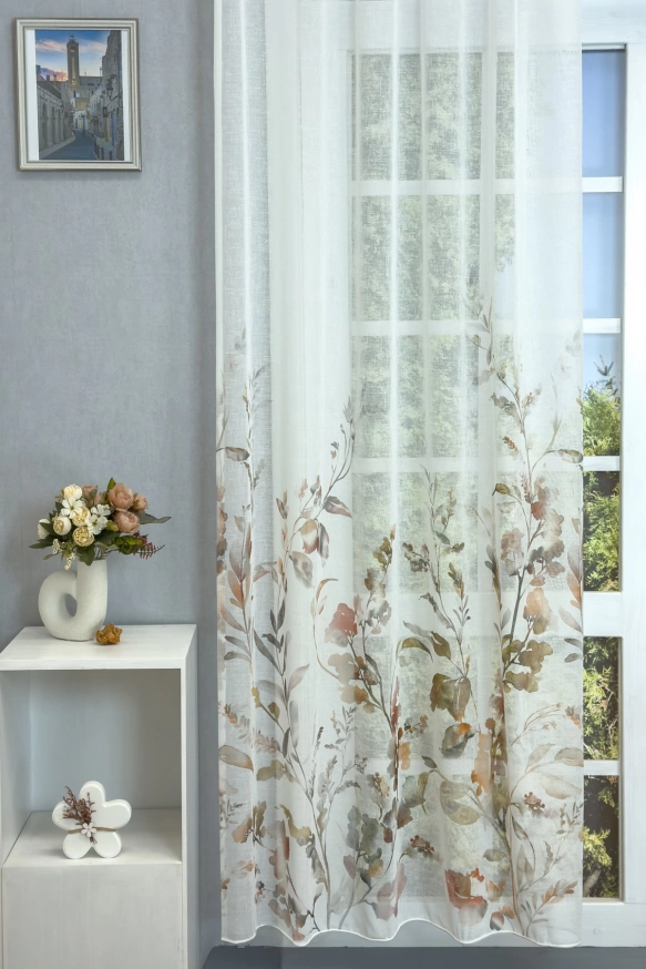 Verbena - Barna nyomott levélmintás ecrü színű sablé függöny 1010040530