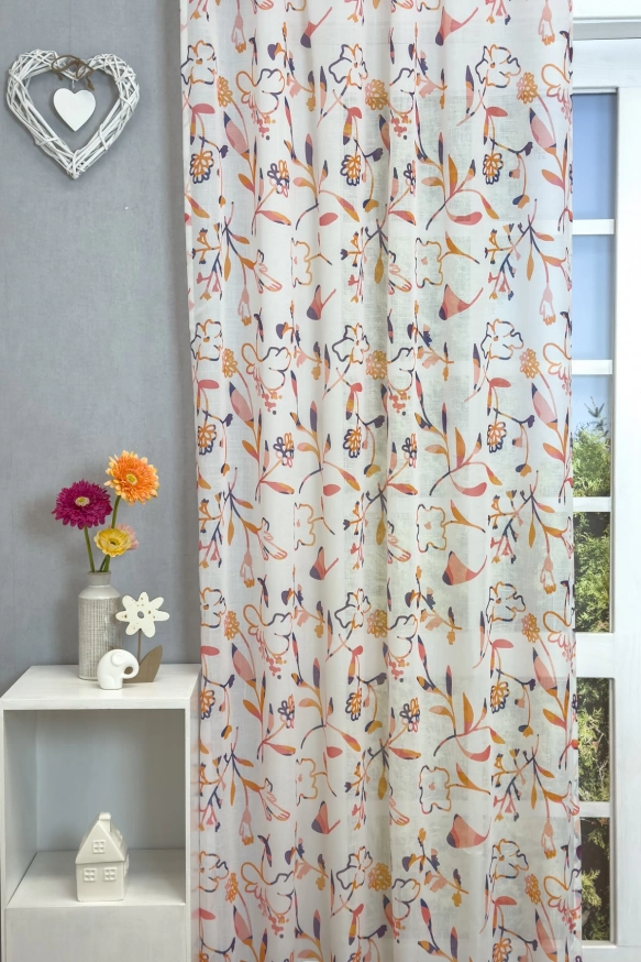 Amina - Narancs, lila színű nyomott virágmintás sablé függöny 1010040547