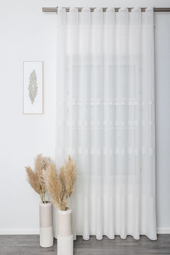 Sanremo - Ecrü színű azsúrozott vízszintes csíkos, szőttes batiszt függöny Sanremo/300/02