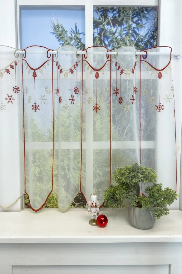 Fehér alapon piros-arany hímzett karácsonyi mintás vitrázsfüggöny V3060/60/01