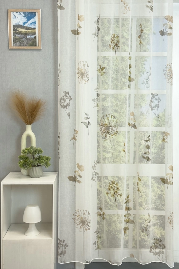 Pitypang - Fehér alapon barna-szürke virágmintás tetrasablé függöny  11866/290/4084