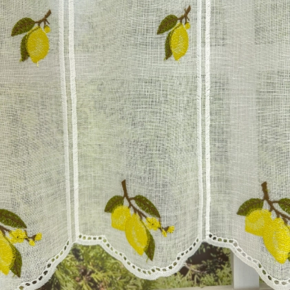 Limoncello - Ekrü színű hímzett citrom mintás, rusztikus sablé vitrázsfüggöny  egyedi méretre varrva