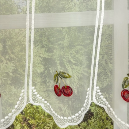 Frutta -  Ekrü színű hímzett cseresznye mintás voile vitrázsfüggöny egyedi méretre varrva