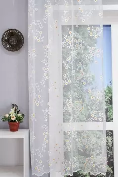 Fehér alapon sárga virágmintás jacquard függöny  egyedi méretre varrva