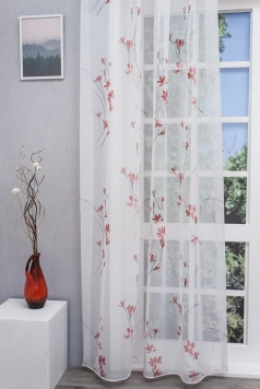 Cintia - Nyomott vörös virágmintás voile függöny egyedi méretre varrva