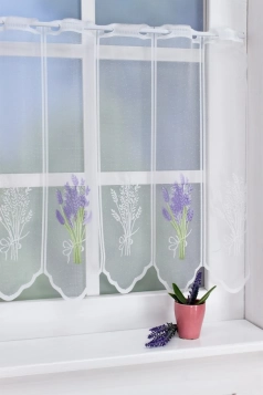 Fehér, lila levendula mintás nyomtatott jacquard vitrázs függöny egyedi méretre varrva