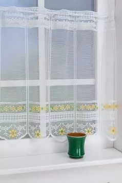 Fehér színű, sárga virágos, nyomtatott jacquard vitrázs függöny egyedi méretre varrva