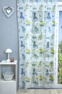 Dino - Fehér alapon kék-zöld színű, nyomott mintás voile függöny egyedi méretre varrva