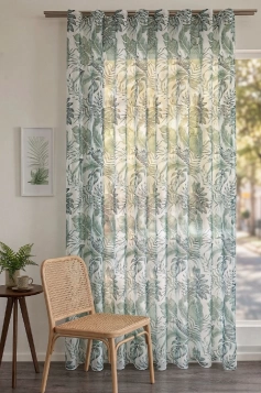 Fiona - Fehér alapon zöld pálmalevél mintás, szálebszövéses sablé függöny egyedi méretre varrva
