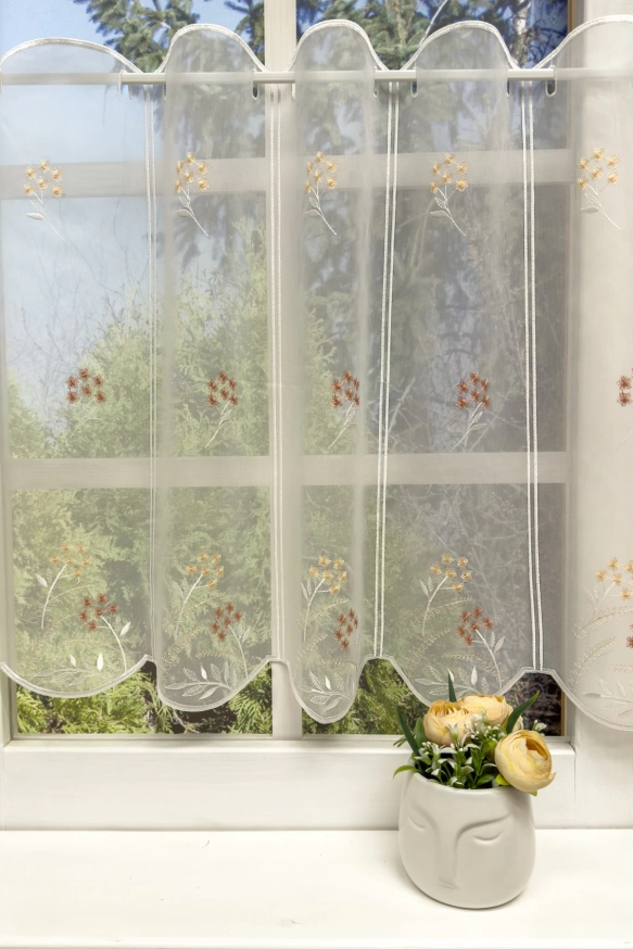 Fontana - Narancs-mályva színű vitrázs függöny, hímzett virág mintával  V/512/45/01