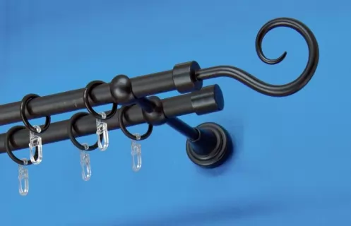 Fém függönykarnis-garnitúra, pásztor végzáróval, kétsoros, fekete, 160&nbsp;cm, átm. 16 mm