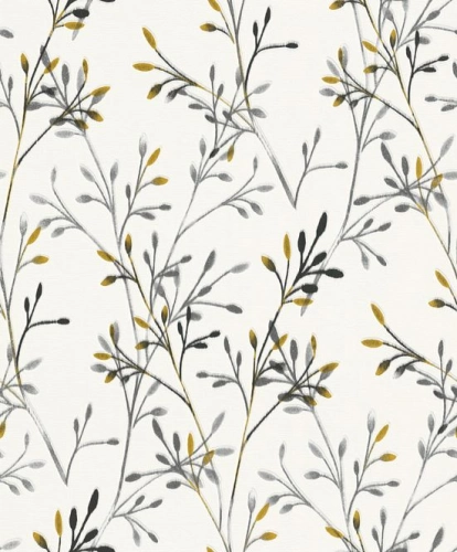 Tört fehér alapon szürke, aranysárga színű vadvirágos vlies tapéta, Grandeco Phoenix, A48802