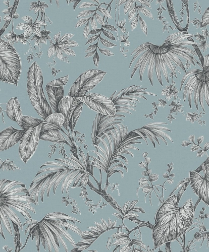 Türkiz alapon szürke növénymintás vlies tapéta, Marburg Jackie 6818-40