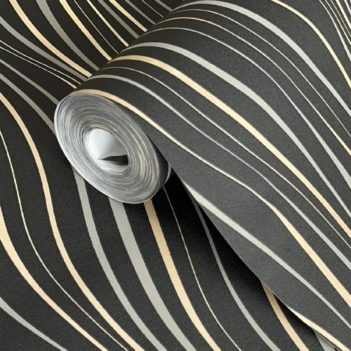 Fekete-arany színű hullámmintás Grandeco vlies-hab tapéta A75002