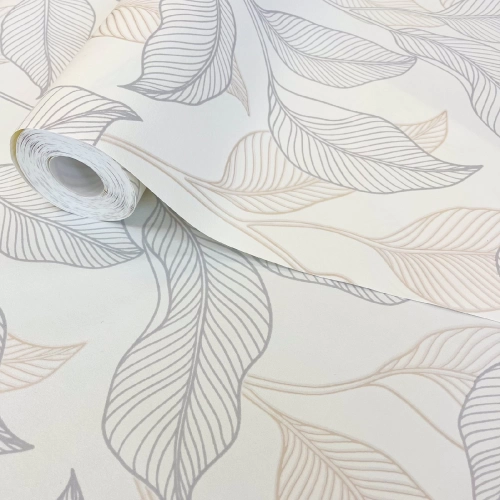 Fehér alapon kék-bézs színű levélmintás Grandeco vlies-hab tapéta 2026 A74901
