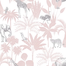 Afrikai állatos gyerek tapéta (zsiráf, gepárd) rózsaszín árnyalatban Wild Pink 53 cm x 10 m