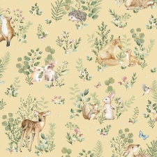 Okkersárga erdei állatos gyerek tapéta Forest Fauna Yellow 53 cm x 10 m