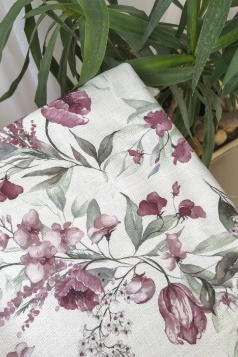 Wilton - Bézs alapon lila virágmintás rusztikus vászon dekor függöny és abrosz anyag