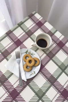 Wilton grid - Bézs alapon lila-zöld kockamintás rusztikus vászon dekor függöny és abrosz anyag